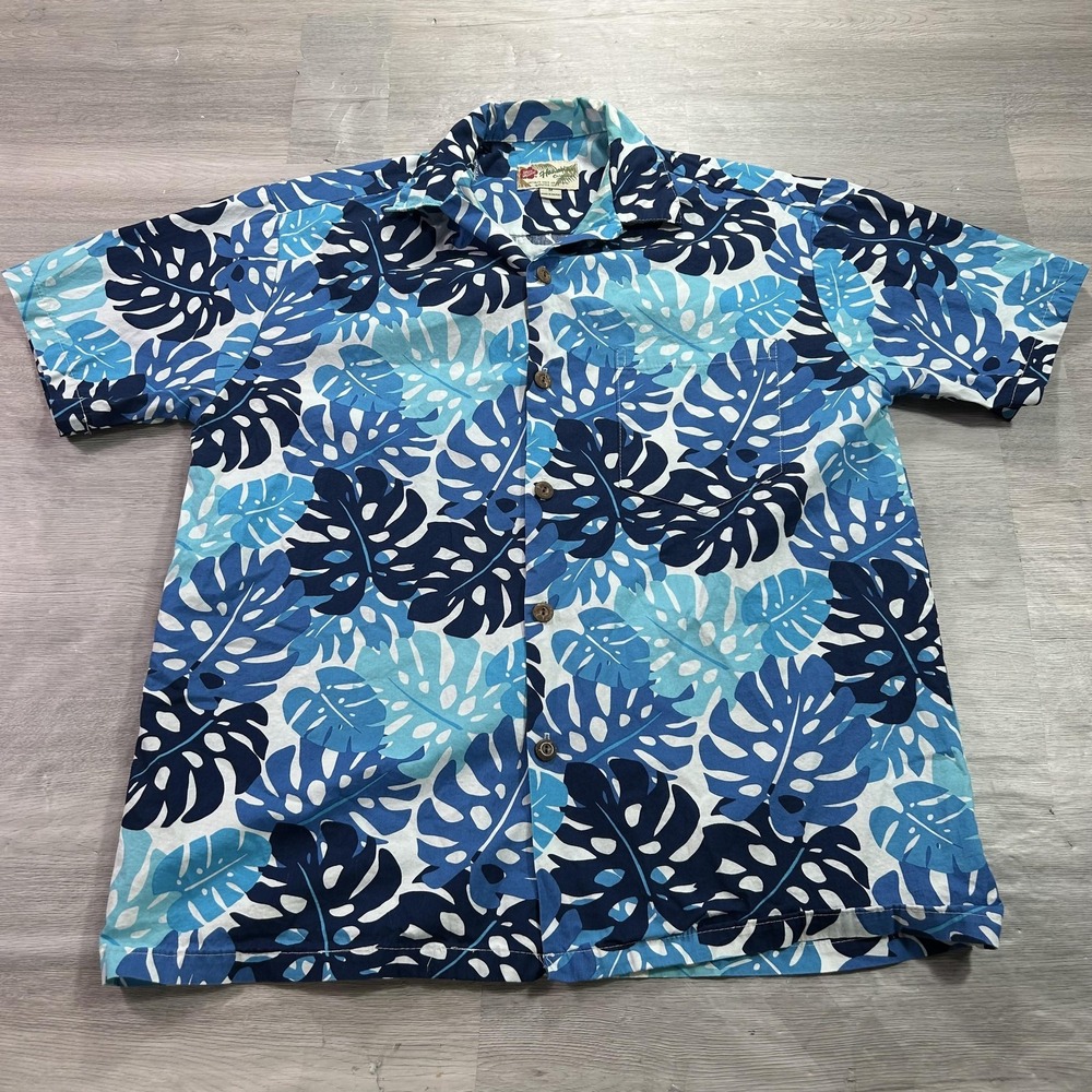 Hilo Hattie Shirt Mens Medium Blue Leaf Hawaiian Aloha Short Sleeve Button Up
